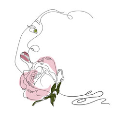 Vector  hand drawn line art of a female face and a rose with pink and green color shapes background.Minimalist one line portrait of a young woman for an avatar, print, label, logo or packaging design.
