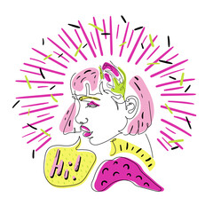Vector line art illustration of a pink haired girl with rose in her hair and speech bubble 