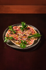 Perfect Pasta Classic Italian Homemade Artisan Bacon Tomato Sauce Sausage Sweet Melted Cheese Onion Chicken Meat Shrimp Menu Gourmet on a Dark Background