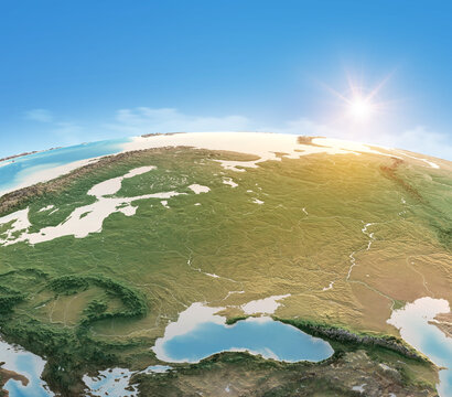 Physical map of Planet Earth, focused on Central and Eastern Europe. Satellite view, sun shining on the horizon. 3D illustration - Elements of this image furnished by NASA