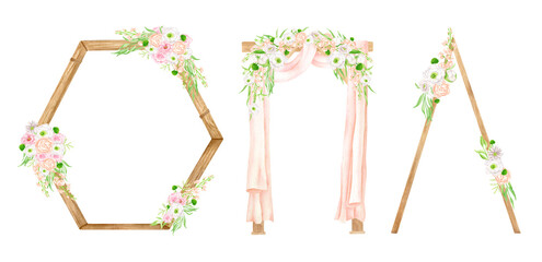 Watercolor wedding arch set. Hand drawn geometric wood archway with flowers and curtains isolated on white background. Boho wedding decoration, rustic decor for invitation, save the date.