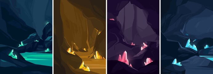 Collection of caves with different crystals. Underground landscapes in portrait format.