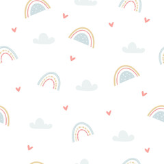 Seamless childish pattern with hand drawn rainbows, clouds and hearts, .Creative scandinavian kids texture for fabric, wrapping, textile, wallpaper, apparel. Vector background illustration.