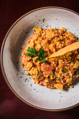 Perfect Pasta Classic Italian Homemade Artisan Bacon Tomato Sauce Sausage Sweet Melted Cheese Onion Chicken Meat Shrimp Menu Gourmet on a Dark Background