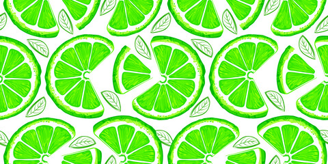 Lime seamless pattern. Colorful sketch lemons. Citrus fruit background. Elements for menu, greeting cards, wrapping paper, cosmetics packaging, posters etc