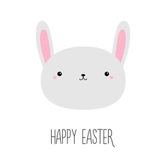 Fototapeta premium Happy Easter. Bunny rabbit hare round face icon. Cute kawaii funny animal. Cartoon funny baby character. Kids print for poster, t-shirt cloth. Love card. Flat design. White background.