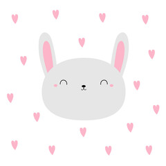 Bunny rabbit hare round face icon. Cute kawaii funny animal. Cartoon funny baby character. Happy Easter. Kids print for poster, t-shirt cloth. Pink heart. Love card. Flat design. White background.