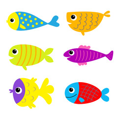 Naklejka premium Fish icon set. Cute kawaii cartoon funny baby character. Marine life. Colorful aquarium sea ocean animals. Sticker print. Kids collection. Isolated. White background. Flat design.