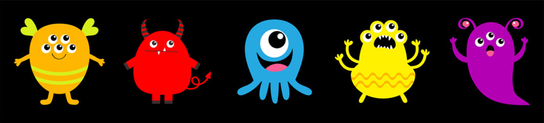 Monster set icon line. Happy Halloween. Kawaii cute cartoon funny baby character. Colorful face body silhouette. Sticker print. Eyes, horn, fang teeth tongue. Flat design. Black background.