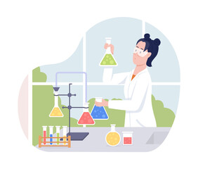 Female scientist 2D vector isolated illustration. School education. High school student flat character on cartoon background. Chemistry class colourful scene for mobile, website, presentation