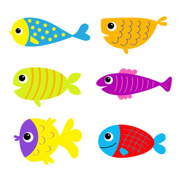 Fish icon set. Cute kawaii cartoon funny baby character. Marine life. Colorful aquarium sea ocean animals. Sticker print. Kids collection. Isolated. White background. Flat design.