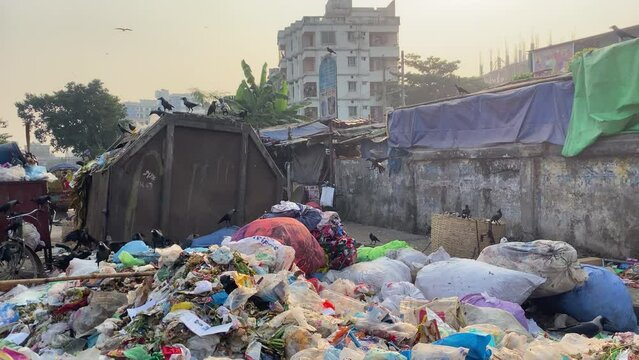 Dump full of garbage of various objects as crows fly on the streets of Dhaka, Bangladesh