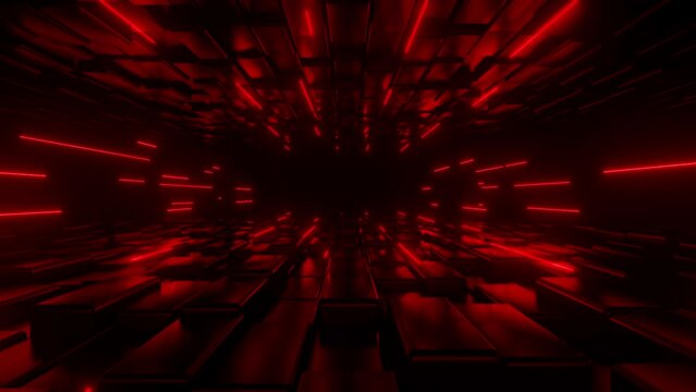 Back moving along dark tunnel illuminated by neon red lights. Digital space. Cyberspace decor element. VJ loop motion background. 4K animation - 3D Render
