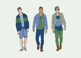 Hand drawn vector illustration of three casual male fashion models
