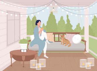 Girl drinking tea flat color vector illustration. Girl sitting on swing with her dog. Scandinavian style. Cozy and comfortable terrace 2D simple cartoon character with patio on background