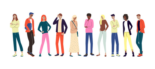 Set of people. Vector flat illustration of diverse cartoon men and women of different nationalities, ages and body types. Isolated on white background.