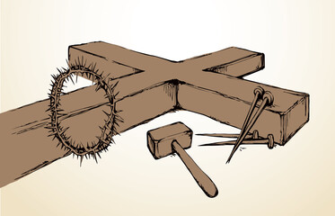 Wooden cross and iron nails. Vector drawing