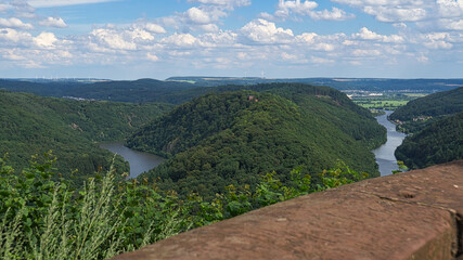 Saarschleife view from tree top walk tower. A lookout tower in Saarland.