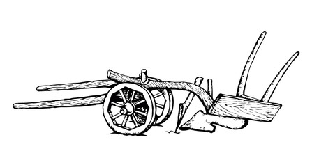 Ancient plow. Vector drawing object - obrazy, fototapety, plakaty
