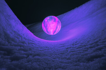 Abstract scene of levitating glowing ufo sphere over surface icy planet covered with snow. Concept of sci-fi, space travel, exploration, and colonization.