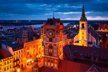 Architecture of the old town in Torun at dusk, Poland.