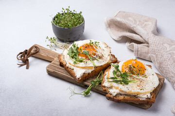 Tasty breakfast of fried eggs on toasts with microgreen