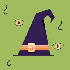 A witchs hat, a witchs headdress, a poster with a hat surrounded by an all seeing eye and a question symbol. Vector illustration
