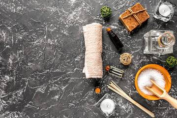 Aromatherapy SPA set with salt and natural oil dark background top view mockup