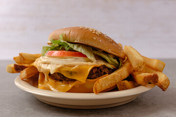 Hamburger with Beef Patty and Cheese and Fresh Vegetables