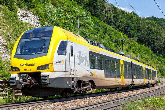 Regional train from bwegt operated by GoAhead on Geislinger Steige near Geislingen, Germany