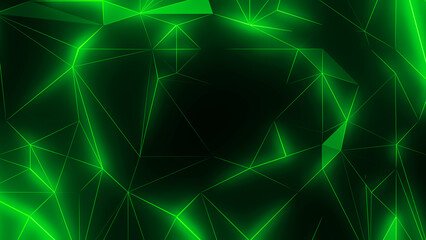 Abstract futuristic background with neon green net. Dark crystal structure. 3d geometric pulsing pattern. Motion background. 3D Render