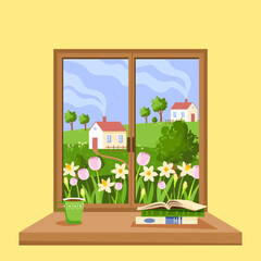 Spring time.  Wooden window overlooking the rural landscape.  Beautiful country scene.  Spring morning with blooming fragrant flowers.  Nature at different times of the year.  Vector illustration.