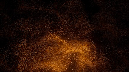Fototapeta na wymiar Abstract patterns of golden sand spreading on black background. Orange dot cloud swirls at darkness. Virtual data. Motion background. 3D render