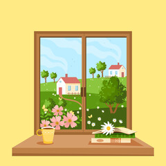 Summer time.  A wooden window with a view of the rural landscape and blossoming rose hips.  Beautiful country scene.  Hot summer morning.  Nature at different times of the year.  Vector illustration.