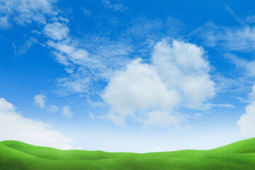 Green meadows with blue sky and clouds background.