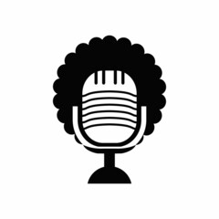 Black people vector podcast logo design. Black people head with afro hair microphone logo icon.