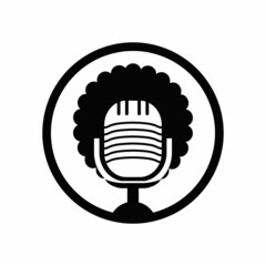 Black people vector podcast logo design. Black people head with afro hair microphone logo icon.
