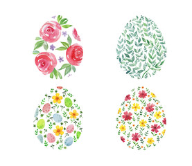 Set of easter eggs decorated with floral ornament. Watercolor illustration isolated on white.