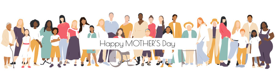 Happy Mother's Day card. Multicultural group of mothers with kids collection. Flat vector illustration.