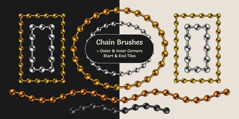 Ball chain pattern brushes with corners, end and start tiles in vintage style. Gold, silver, bronze, brass and black options. Isolated on white and black background.