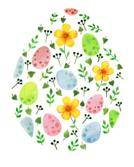 Easter egg decorated with floral ornament. Watercolor illustration isolated on white.