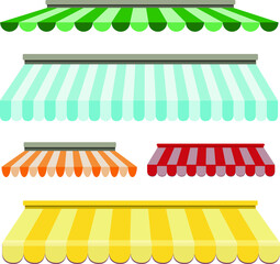 Shop canopy. Cafe sunshade, store awning or roof with red and white stripes isolated vector set