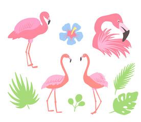 Obraz premium Flamingo pink bird. Hibiscus flowers and palm leaves. Tropical collection for summer beach party. Vector illustration isolated on white background.