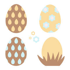 Easter eggs are painted with a flower, with raindrops, flowers. Spring baby clipart, vector simple illustration. Pastel colors, brown, blue, gray, mother's day, farm, easter, spring day, garden.