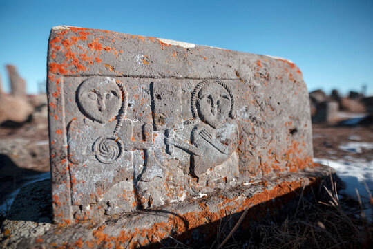 Ancient tombstones called Khachkars on cemetery of Noratus near the Lake Sevan in Armenia, Caucasus, Middle East, Asia