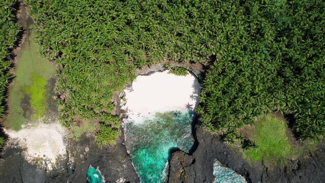 Aerial view over the Escada beach, revealing dense jungle covering the Ilheu das Rolas island, Sao Tome, Africa - tilt, drone shot
