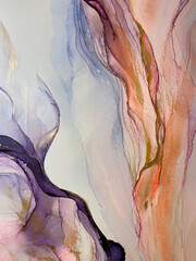 Abstract pink art with purple, orange, blue, gold — background with beautiful smudges and stains made with alcohol ink. Pink fluid texture resembles pink marble, flowers, butterfly or watercolor.