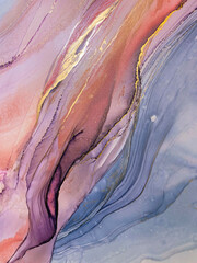 Abstract pink art with purple, orange, blue, gold — background with beautiful smudges and stains made with alcohol ink. Pink fluid texture resembles pink marble, flowers, butterfly or watercolor.