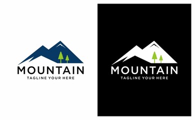 Mountain and pine tree logo. Nature hill landscape logo. Evergreen vector on a black and white background.