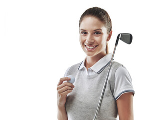 Whos up for a game of golf. Studio shot of a young golfer holding a golf ball and iron club...